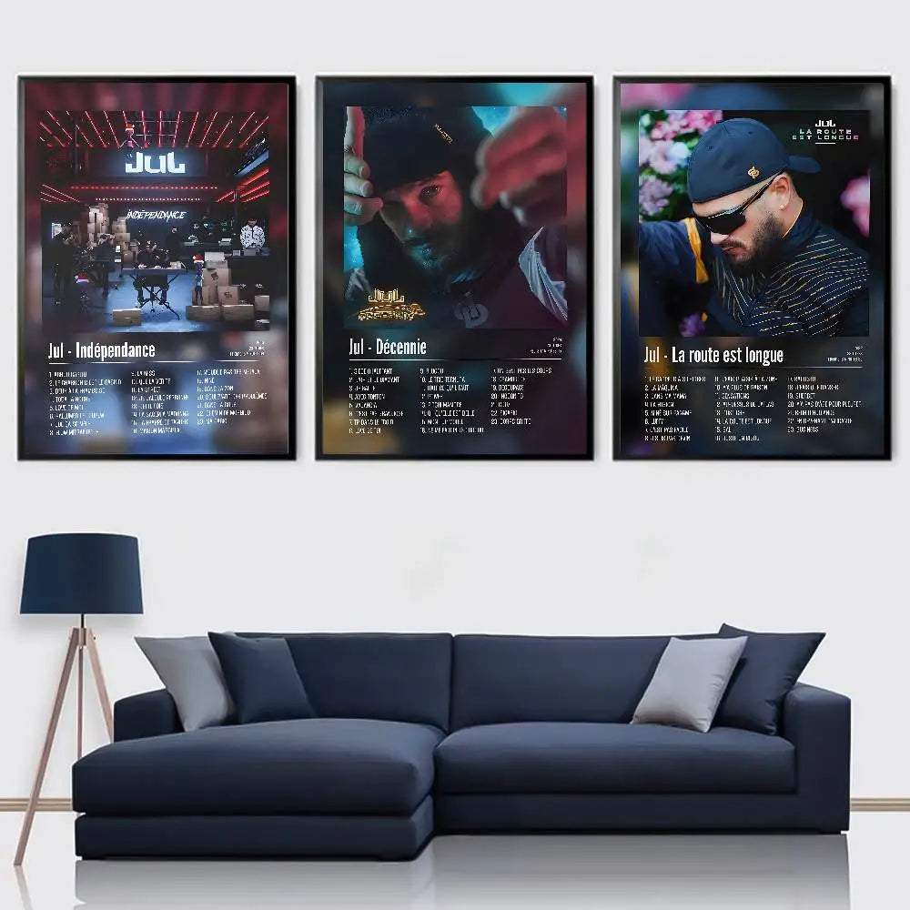 Three framed posters aesthetic wall featuring popular music rapper dj jul with distinct color schemes for living room decor