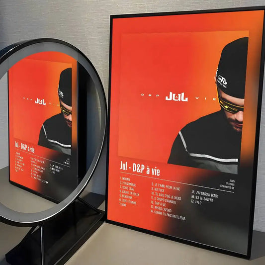 Vibrant orange popular music rapper j jul poster featuring man in black with gold sunglasses for posters aesthetic wall decor