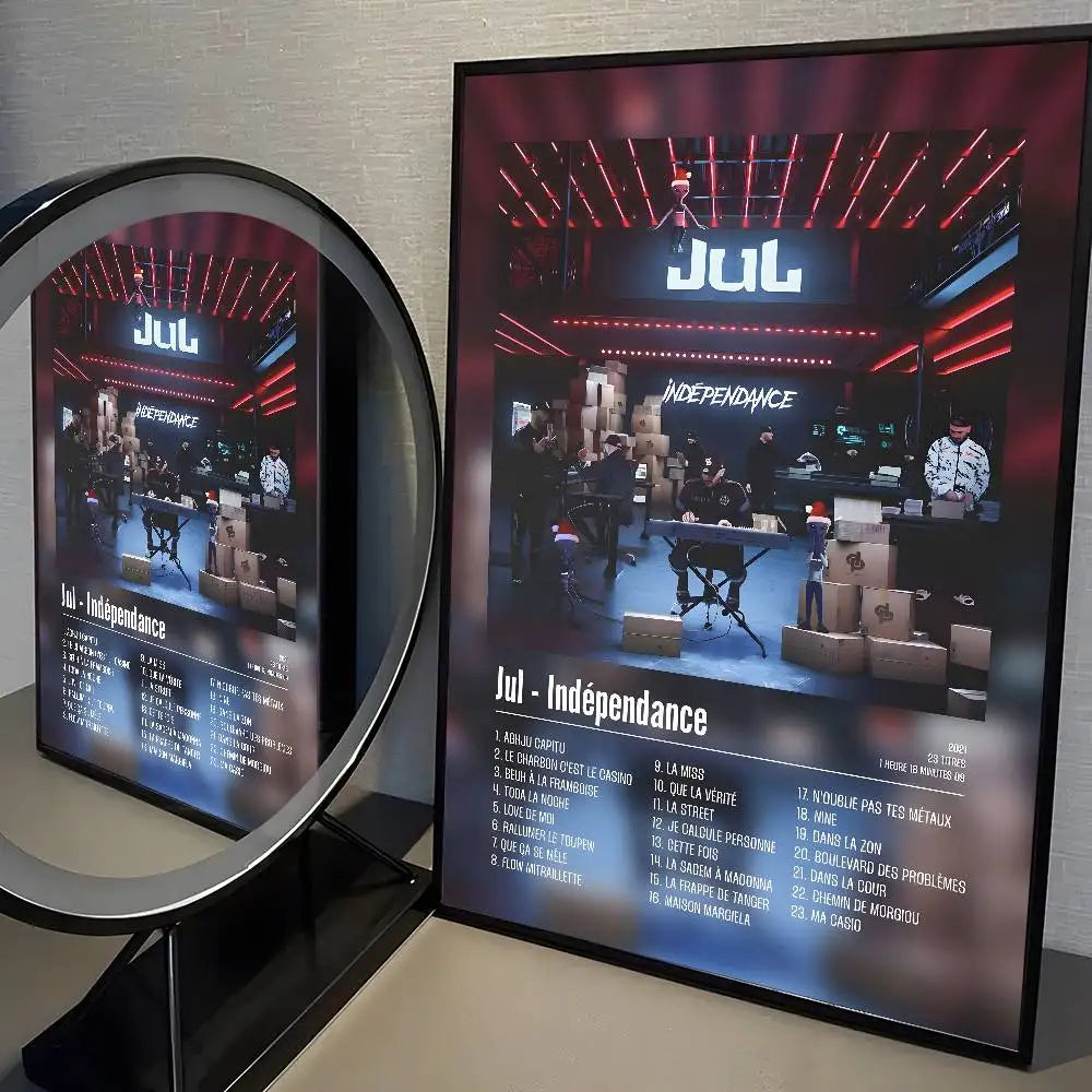 Black-framed poster with red-lit stage featuring popular music rapper jul and indépendance album for living room decor