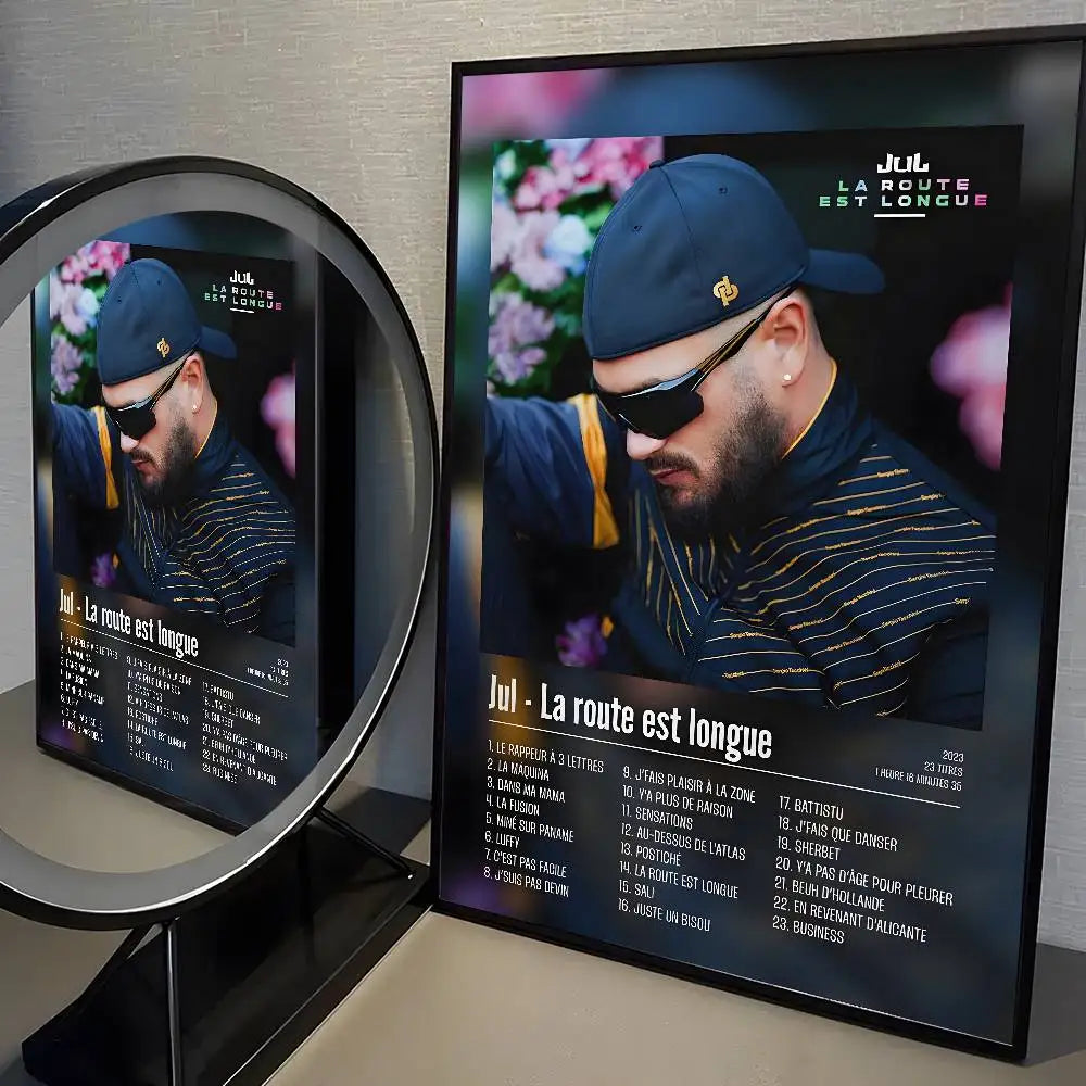 Black-framed posters aesthetic wall featuring popular music rapper j-jul in navy cap for living room decor