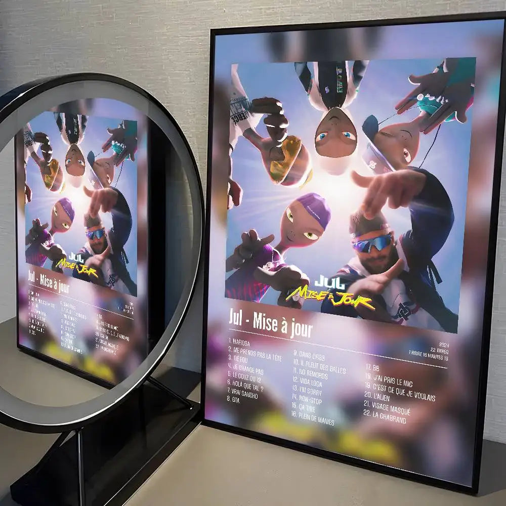 A framed poster featuring vibrant animated characters and bold yellow text for popular music rapper posters aesthetic wall living room decor