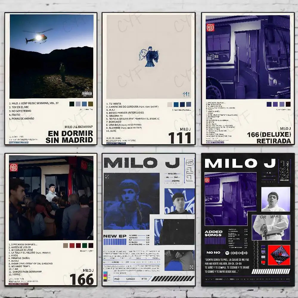 Six minimalist monochrome poster stickers gift featuring popular rapper singer milo j for living room aesthetic decoration