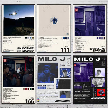 Six minimalist monochrome poster stickers gift featuring popular rapper singer milo j for living room aesthetic decoration