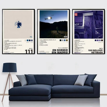 Three framed music album poster stickers gift featuring popular rapper singer with blue monochrome art for living room aesthetic