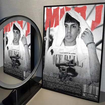 Black framed poster featuring black and white image of popular rapper singer milo justino in white hoodie for living room aesthetic poster stickers gift