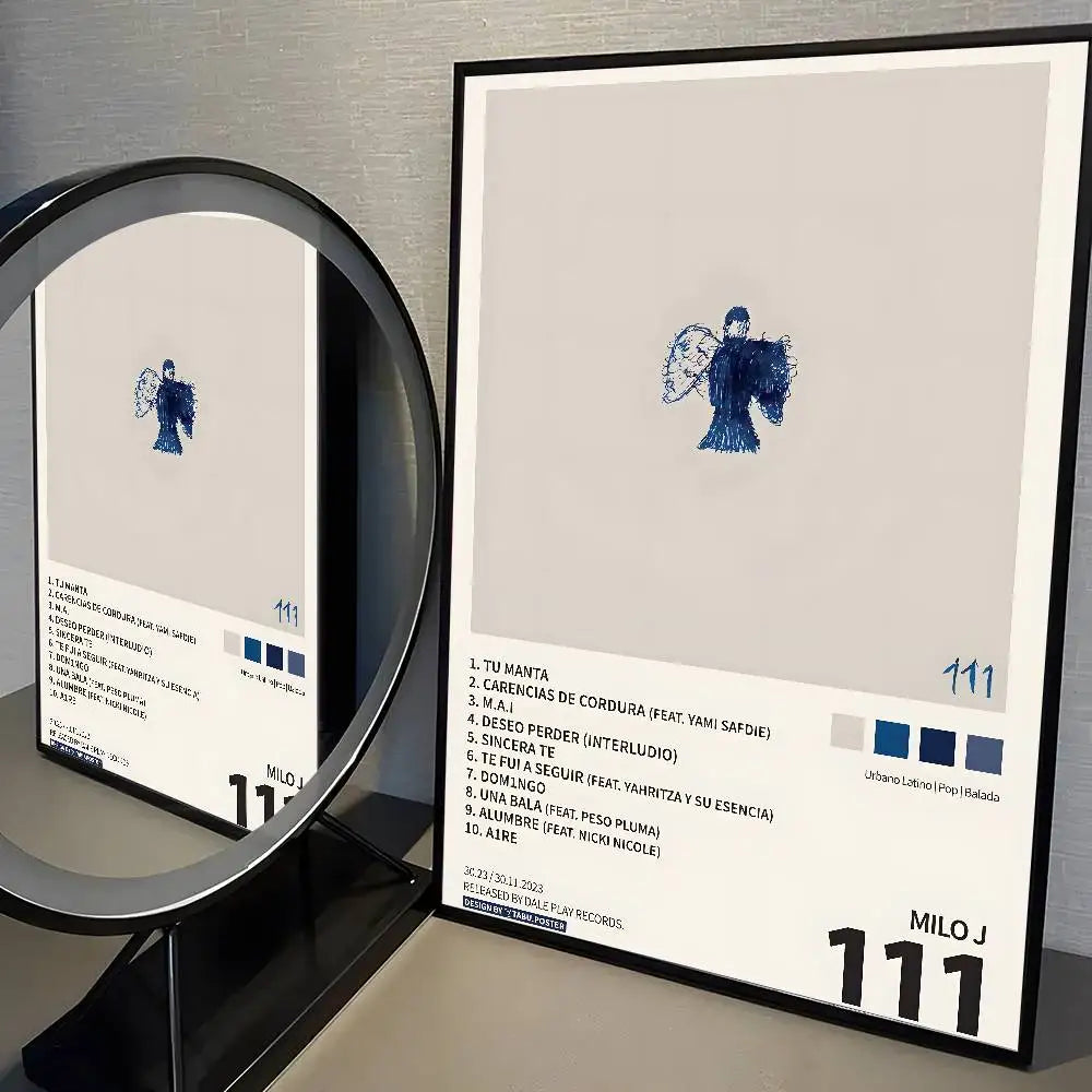 Black-framed poster sticker featuring a blue ink angel illustration and 111 album title by popular rapper singer milo j for living room aesthetic