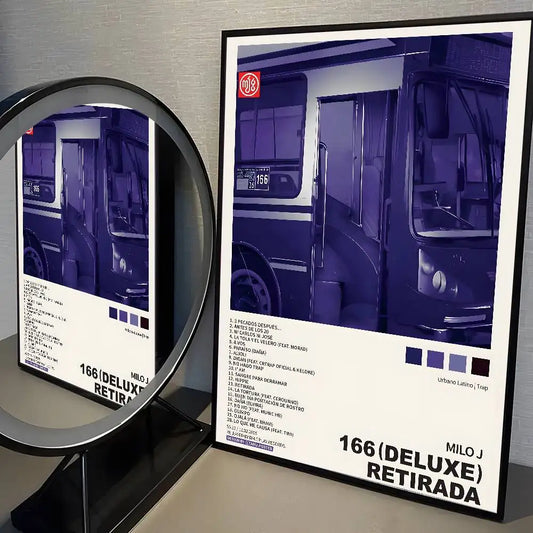 Black-framed poster with purple and white bus illustration and album tracklist for popular rapper singer milo j living room aesthetic poster stickers gift