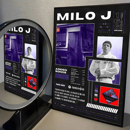 Black framed poster stickers gift featuring milo j purple white design for popular rapper singer living room aesthetic decoration