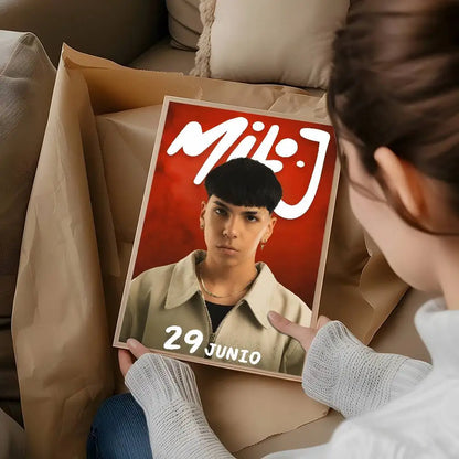 A framed poster of popular rapper singer m milo j with bold white lettering on red perfect for living room aesthetic decoration painting stickers