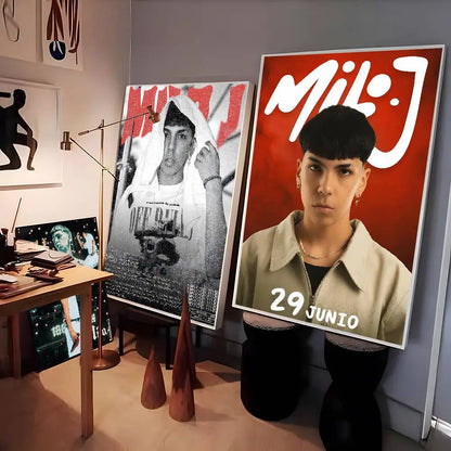 Red and white decoration painting sticker featuring a popular rapper singer miloj for living room aesthetic