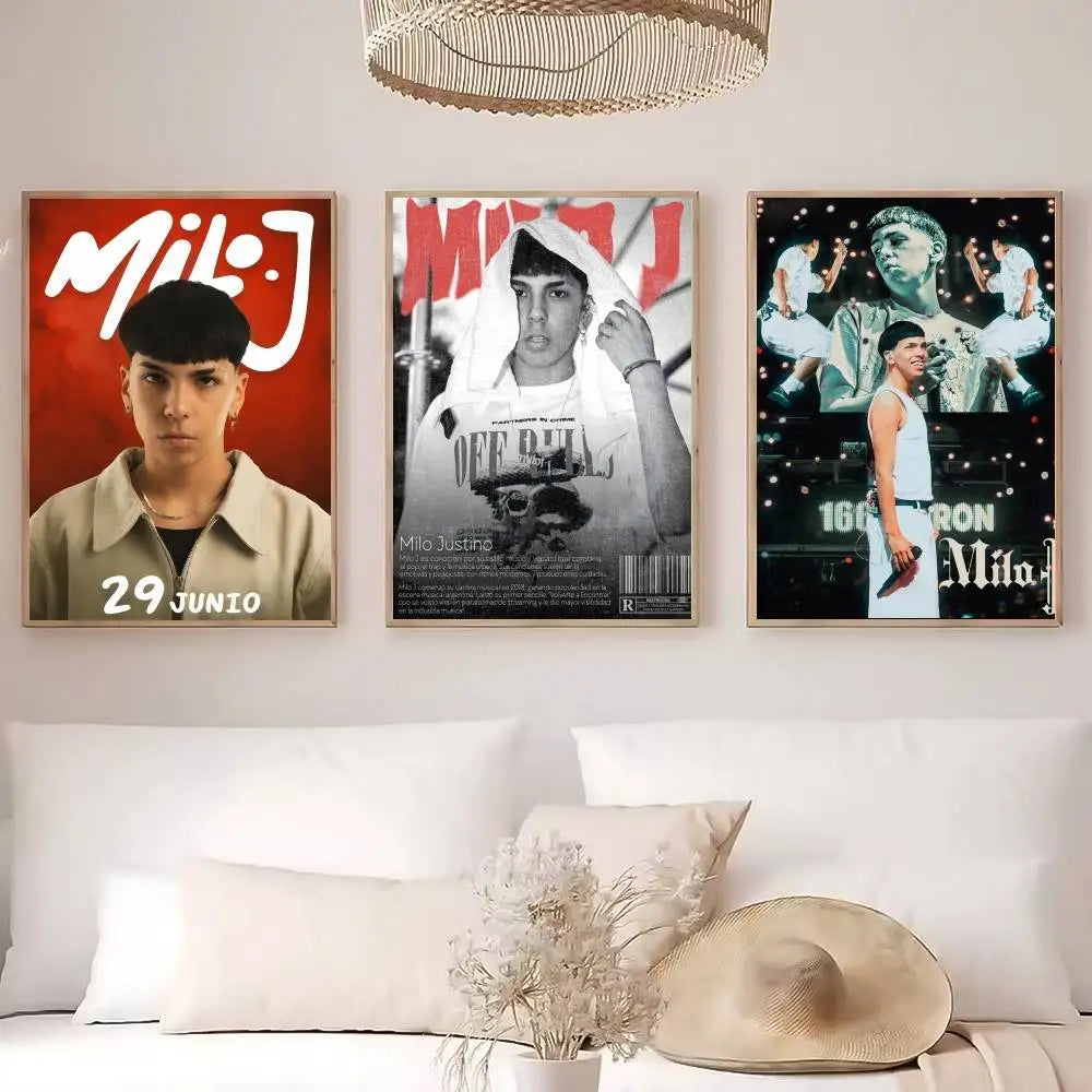 Three framed posters of popular rapper singer mila j in red white black and white for living room aesthetic decoration painting stickers