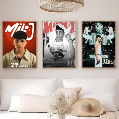 Three framed posters of popular rapper singer mila j in red white black and white for living room aesthetic decoration painting stickers