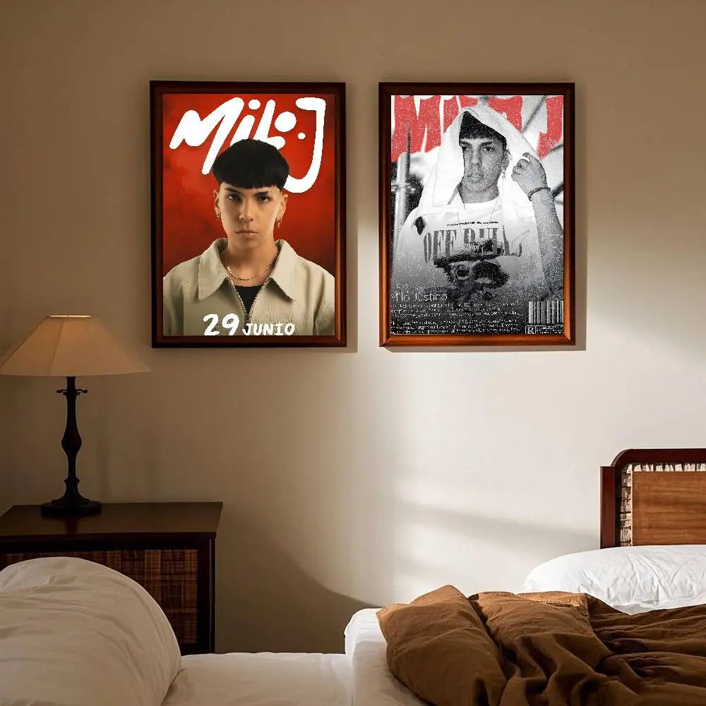 Two framed milo j posters in red and black and white for popular rapper singer living room aesthetic decoration painting stickers