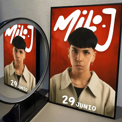 Red-framed popular rapper singer milo j poster with white text and 29 junio for living room aesthetic decoration painting stickers