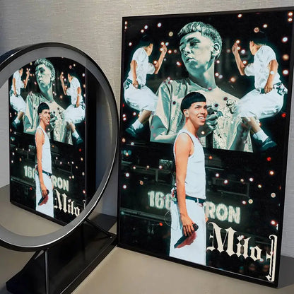 Black-framed popular rapper singer m-milo j poster with white attire and glowing lights for living room aesthetic decoration painting stickers