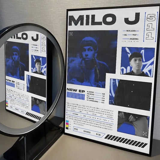Black-framed popular rapper singer milo j poster with bold blue and white design for living room aesthetic decoration painting stickers