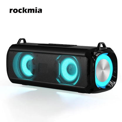 Black rockmia portable wireless bluetooth music player microphone with glowing blue led lights around drivers