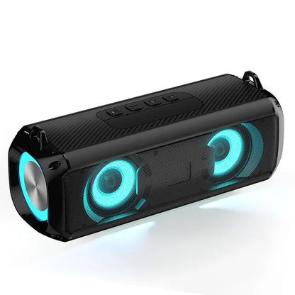 Black carbon-fiber-textured rockmia rgb led lights speaker with glowing teal leds portable wireless bluetooth music player micrphone