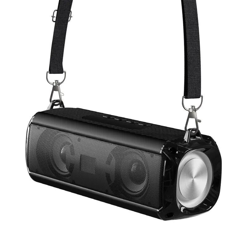 Black Rockmia EBS-045 portable wireless bluetooth music player micrphone with silver accent and fabric shoulder strap