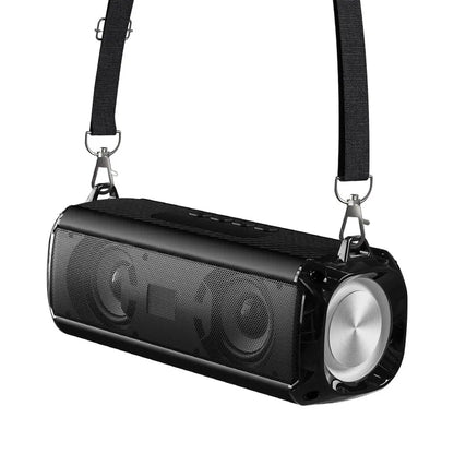 Black rockmia rgb led lights portable wireless bluetooth music player micrphone with silver accent and fabric strap