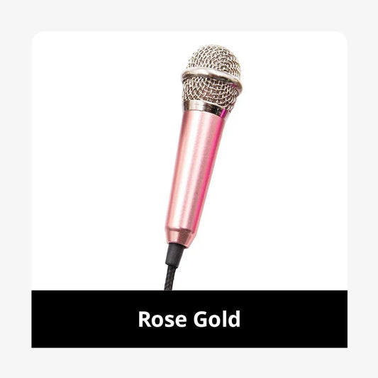 Rose gold handheld audio microphone with metallic mesh grille and black cable designed as a stereo studio mic for karaoke