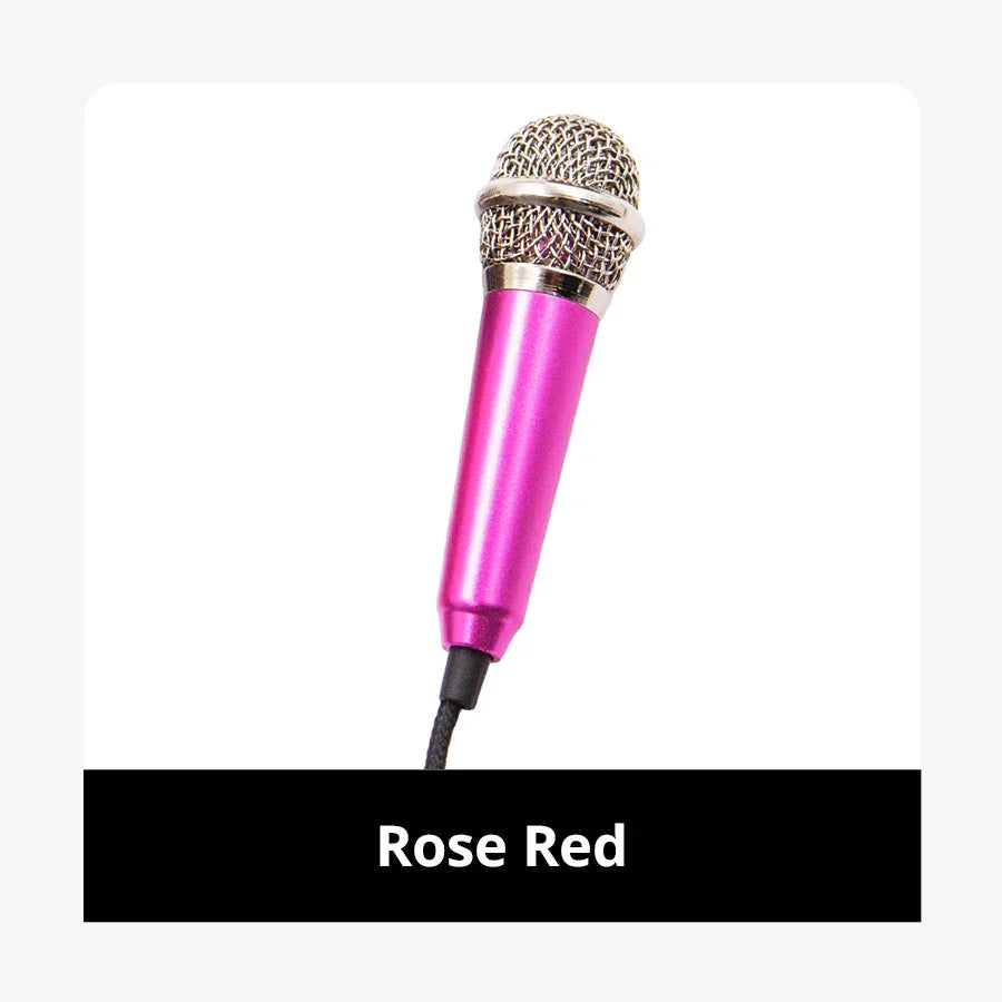 Rose red handheld audio microphone with metallic mesh grille and silver accents portable stereo studio mic for karaoke use