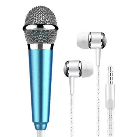 Blue wired mini karaoke microphone stereo ktv condenser mic with silver grille and white metallic earphones for mobile use