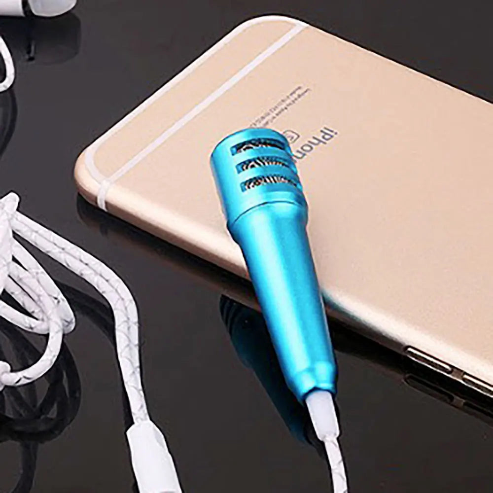 A sleek bright blue wired mini karaoke microphone stereo ktv condenser mic with metallic finish and three slits on head
