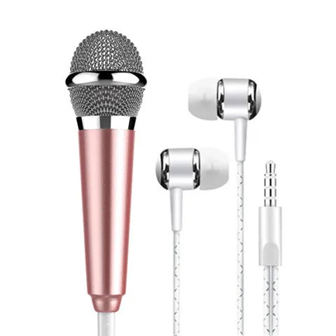 Rose gold wired mini karaoke microphone stereo ktv condenser mic with silver mesh grille and matching wired earphones