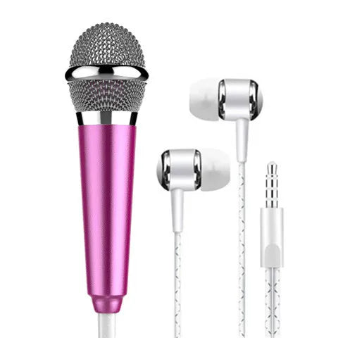 Pink wired mini karaoke microphone stereo ktv condenser mic with silver grille and white in-ear headphones for mobile use