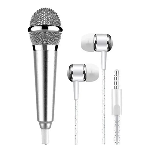 Silver wired mini karaoke microphone stereo ktv condenser mic with mesh grille and matching earbuds with white cables