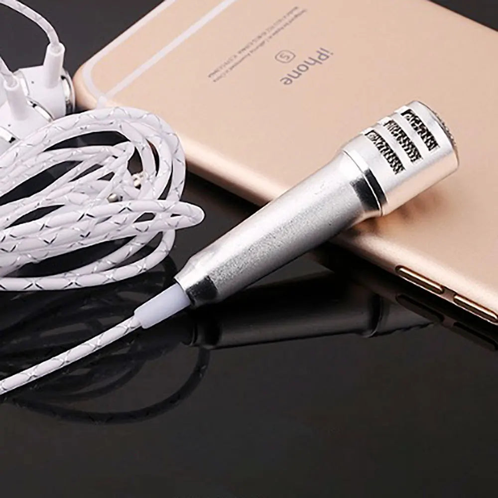 Silver metallic wired mini karaoke microphone stereo ktv with textured grip and white braided cable for mobile devices