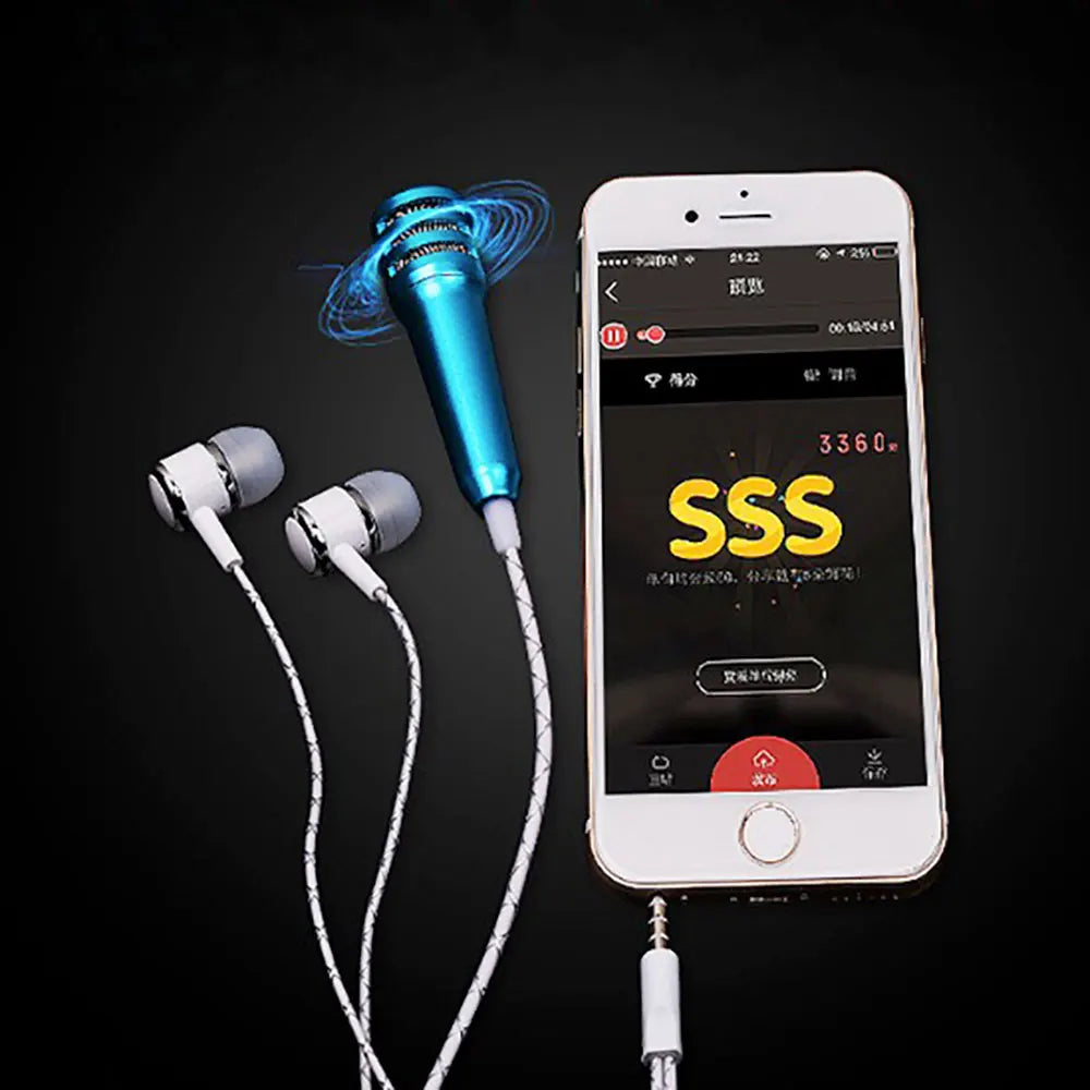 Blue wired mini karaoke microphone stereo ktv adapter with white braided cable and silver-tipped earbuds for mobile use