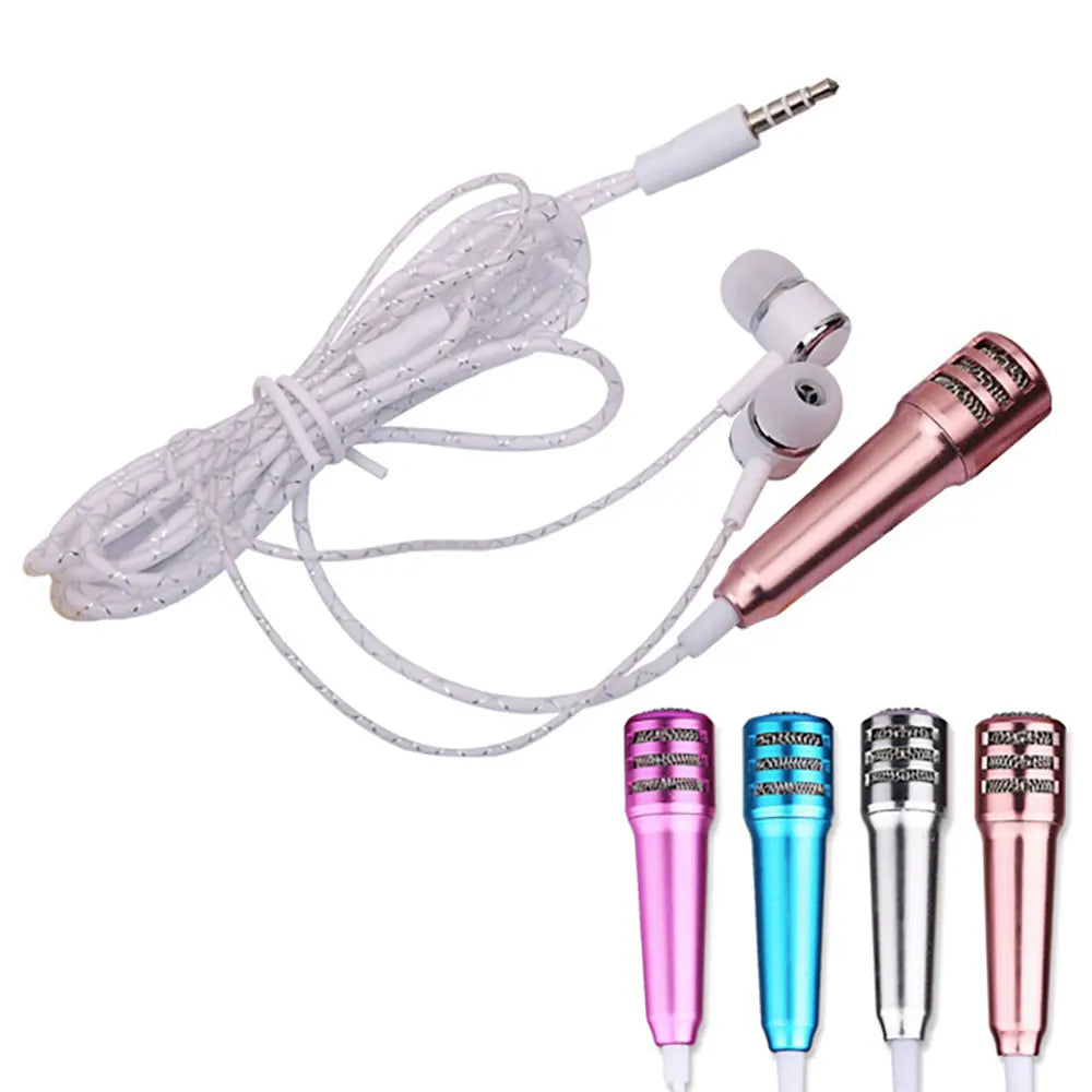 Rose gold wired mini karaoke microphone stereo ktv earphone with sparkly cable and white in-ear buds for mobile devices