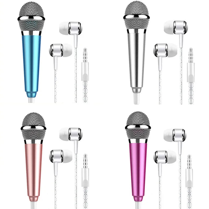 Set of four colorful wired mini karaoke microphone stereo ktv condenser mics with metallic mesh grilles and matching earbuds