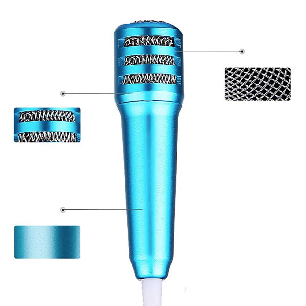 A sleek bright blue wired mini karaoke microphone stereo ktv condenser mic with metallic grille for mobile and pc use