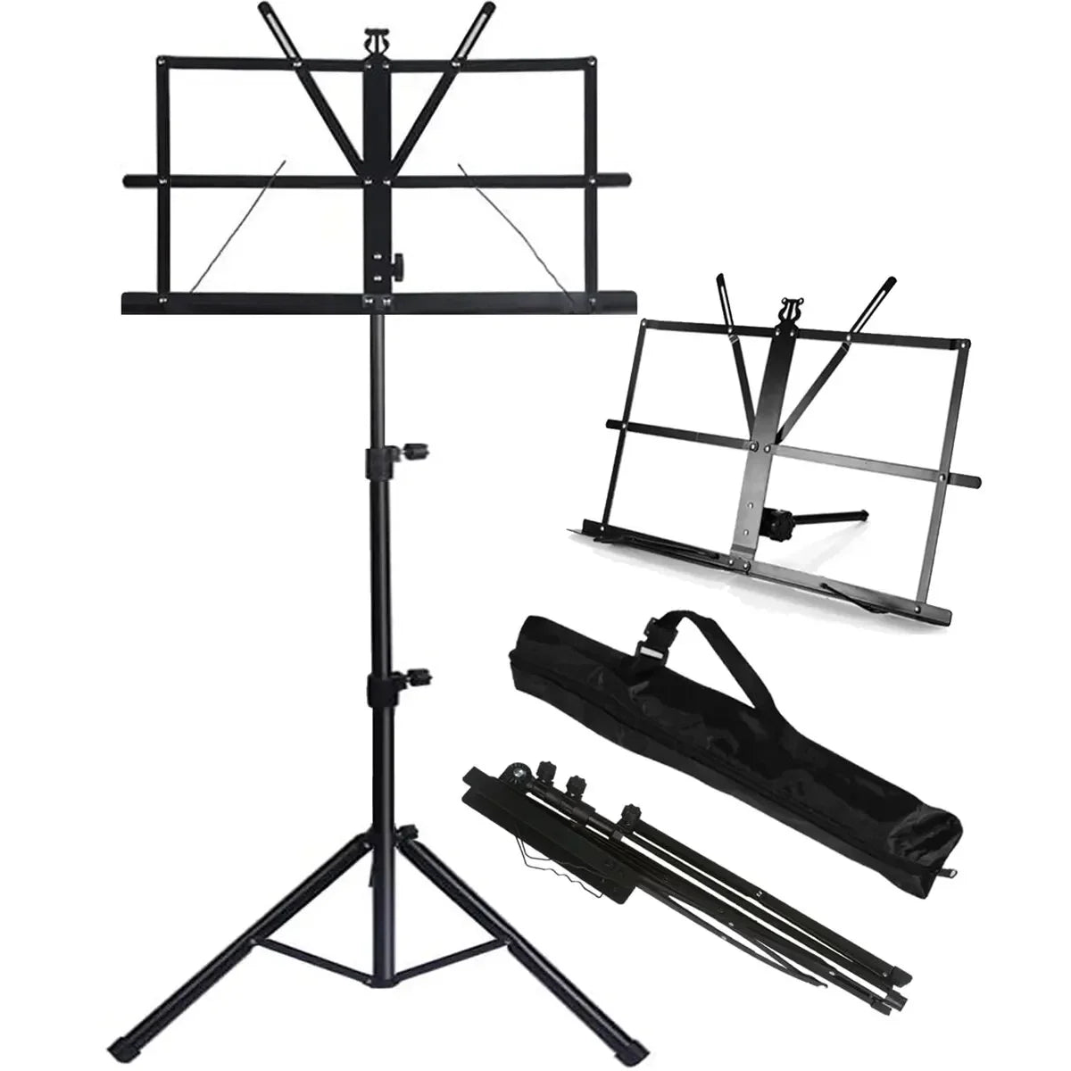 Black metal portable adjustable stable music stand with tripod base folding metal music stand and carrying bag shown assembled and folded
