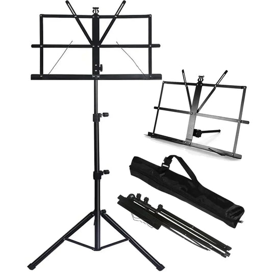 Black metal portable adjustable stable music stand with tripod base folding metal music stand and carrying bag shown assembled and folded