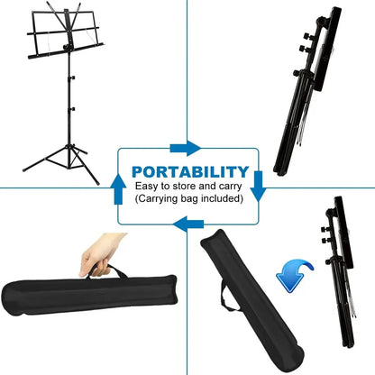 Black adjustable stable music stand with folding metal tripod base shown assembled and folded with carrying bag