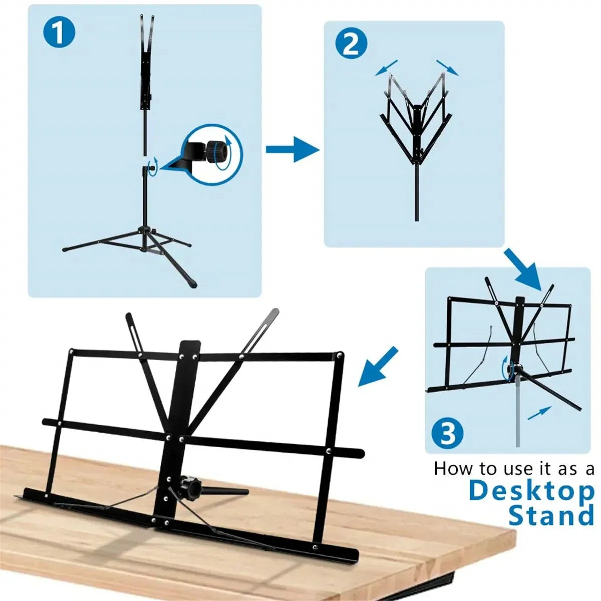 Black metal adjustable stable music stand with folding design and carrying bag for desktop and portable use