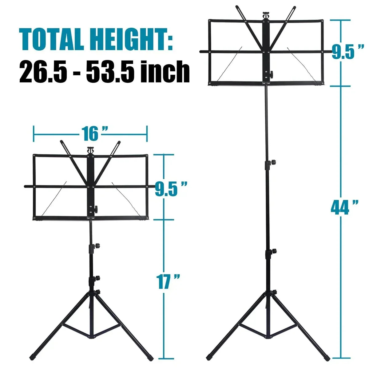 Adjustable stable music stand in black metal with tripod base and foldable sheet holder includes carrying bag