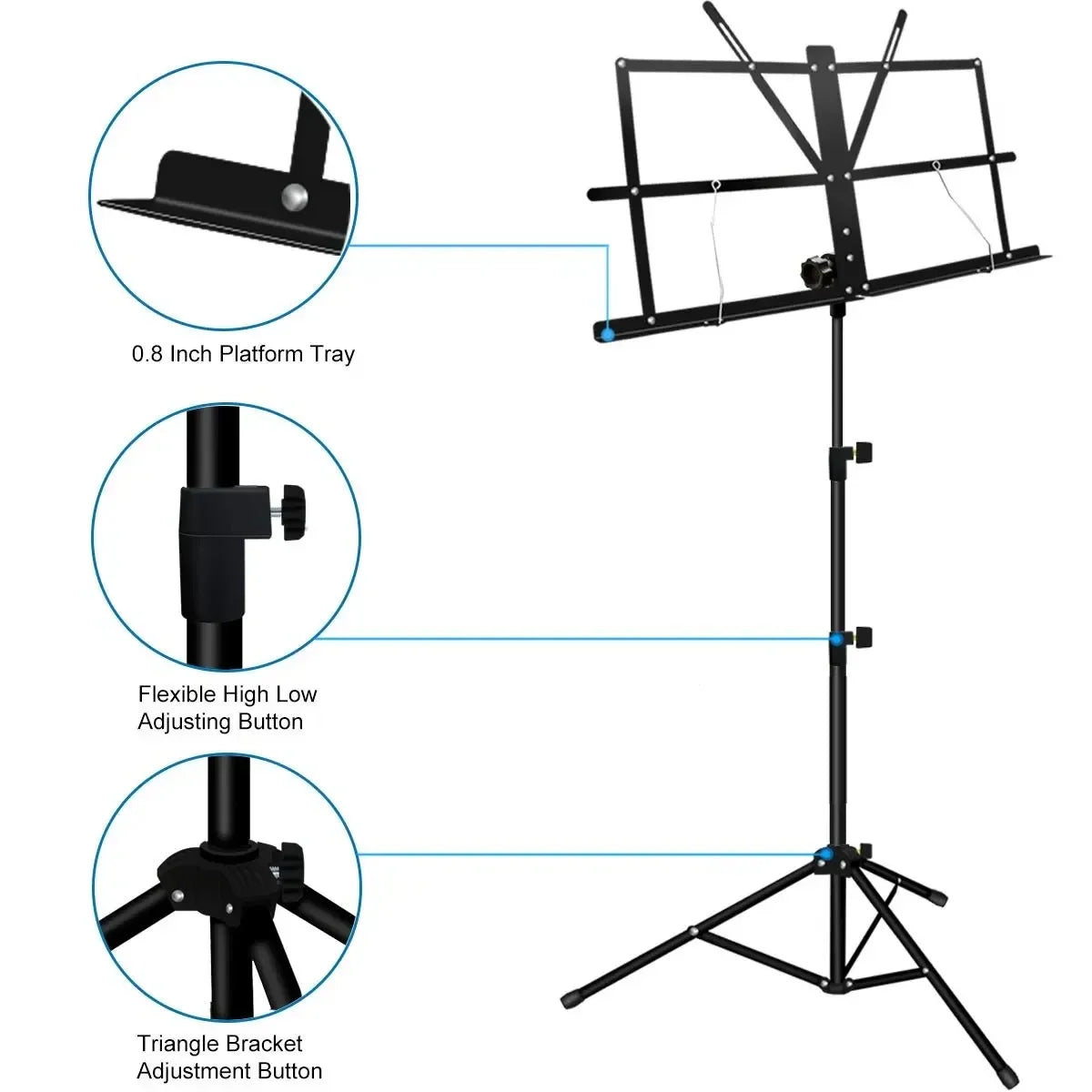 Black portable adjustable stable music stand with folding metal design tripod base and included carrying bag