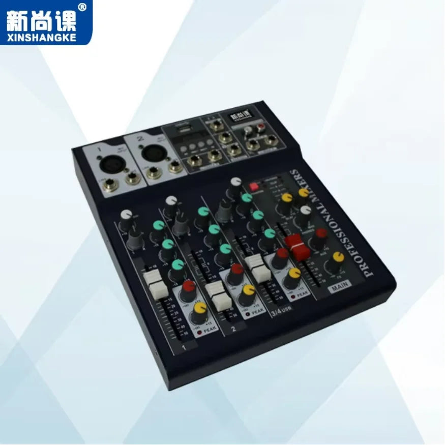 Black xinshangke portable audio mixer with colorful knobs and labeled channels for live broadcast amplifier usb use