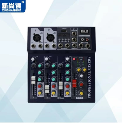 Black xinshangke portable audio mixer with colorful knobs and labeled input output ports for live broadcasting use