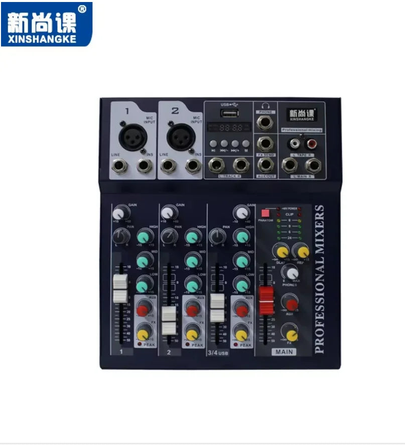 Black xinshangke portable audio mixer with silver panels, colorful knobs, and channel bluetooth usb for live broadcast amplifier
