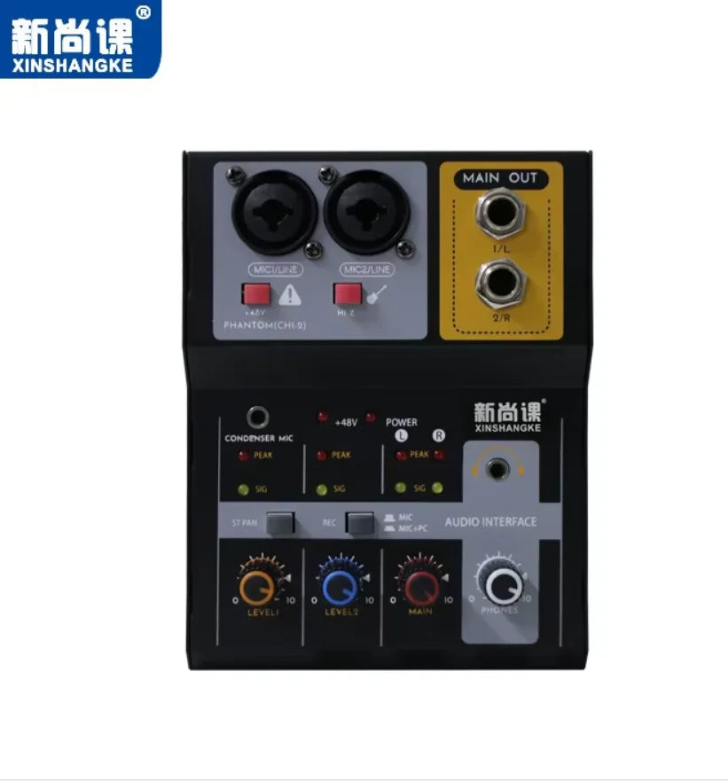 Black xinshangke portable audio mixer with silver yellow accents two mic inputs level knobs for live broadcast amplifier