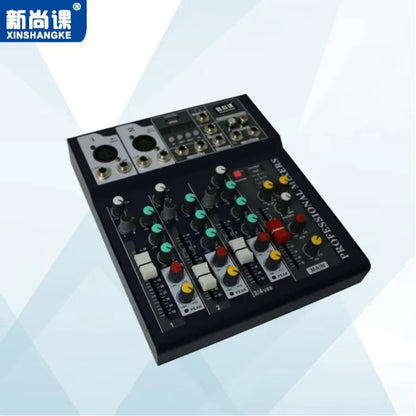 Black xinshangke portable audio mixer with colorful knobs and labeled channels for live broadcast and recording use