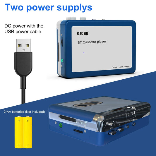 Blue ezcap bt portable bluetooth cassette player with silver accents and usb power cable included for easy use