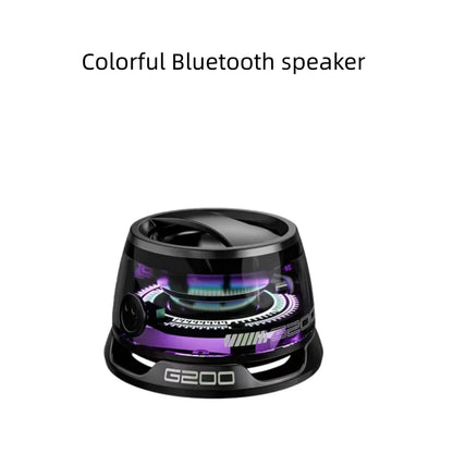 Black and purple speaker hecate g200 portable bluetooth speaker with sleek circular design and illuminated internal components