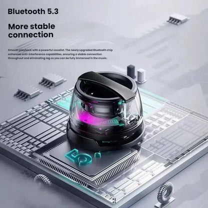 Black and transparent portable bluetooth speaker hecate g200 with bluetooth 5.3 and glowing purple and green rgb lights
